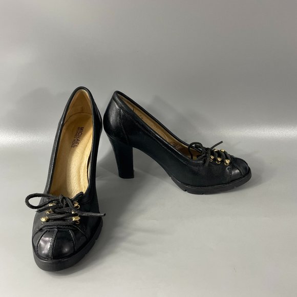 Michael Kors Black Leather Winter Warrior Style Stacked High Heels Treaded Toe - Picture 1 of 13